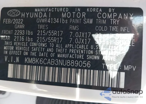 2022 Hyundai Kona Sel z USA, uszkodzony, nr VIN KM8K6CAB3NU889056